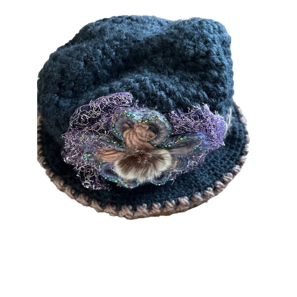 Black tan bucket hat with medallion purple lace beaded